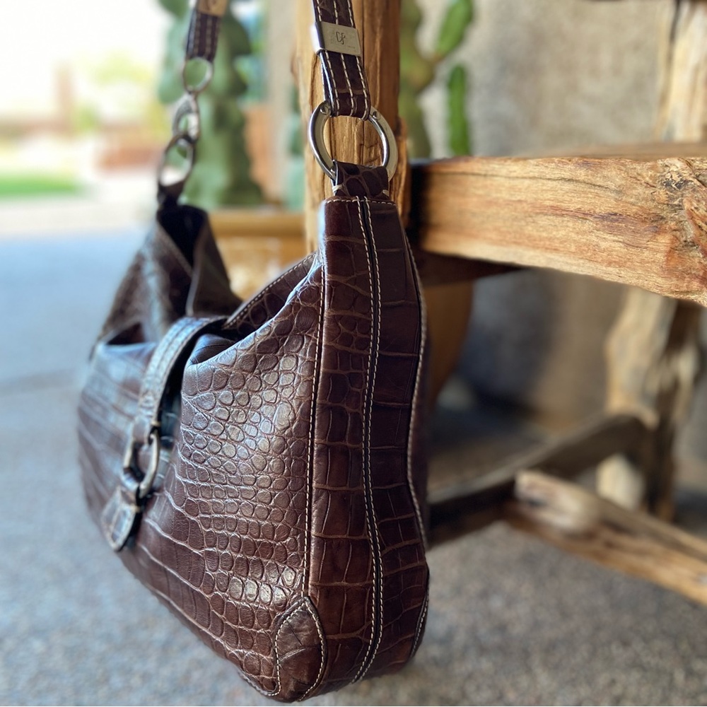 Leather Croc Embossed Textured Shoulder Bag Donald J Pliner - Picture 8 of 13